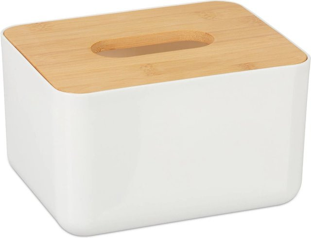 Relaxdays Tücherbox aus Kunststoff und Bambus mit Deckel in Weiß, B: 10 cm, T: 17 cm, H: 13 cm - Bild 1