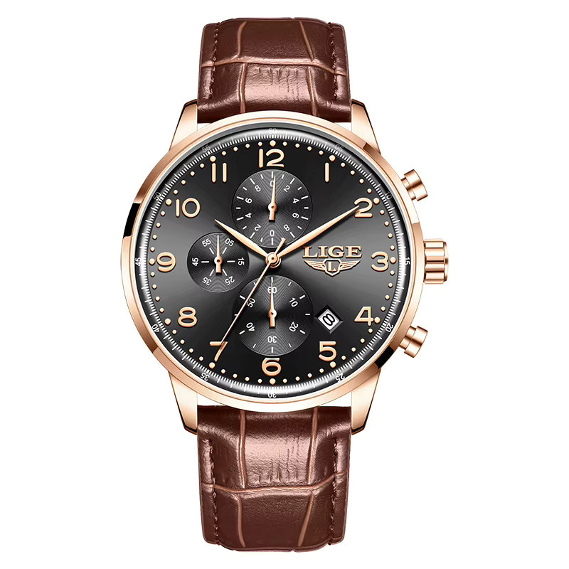LIGE Armbanduhr Quarz, Leder, Schwarz, Roségold, Herren - Bild 6