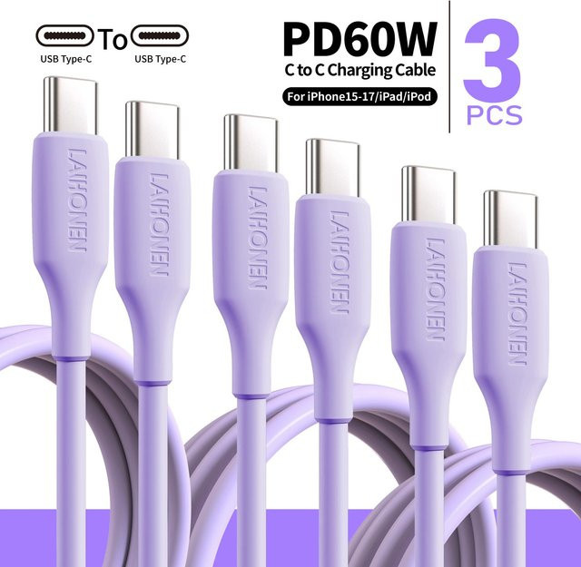 3er-Set LAIHONEN USB-C PD Schnellladekabel 60 W aus Silikon in Schwarz für iPhone und Android-Smartphones - Bild 1