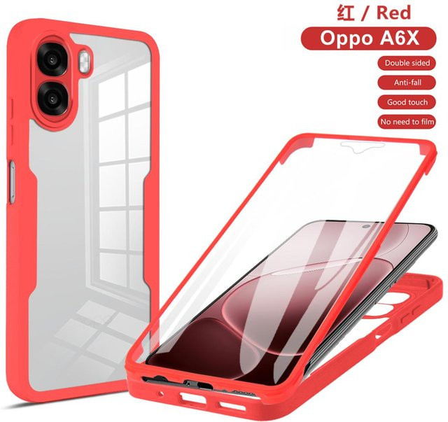 OPPO A6X Schutzhülle mit PET Displayschutz und stoßfester Acryl Rückseite in Rot und Transparent - Bild 1