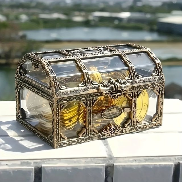 Piraten-Schatztruhe als Aufbewahrungsbox für Schmuck, Münzen oder Süßigkeiten in Gold und Silber, B/T/H: 9,0 x 6,0 x 6,0 cm - Bild 1