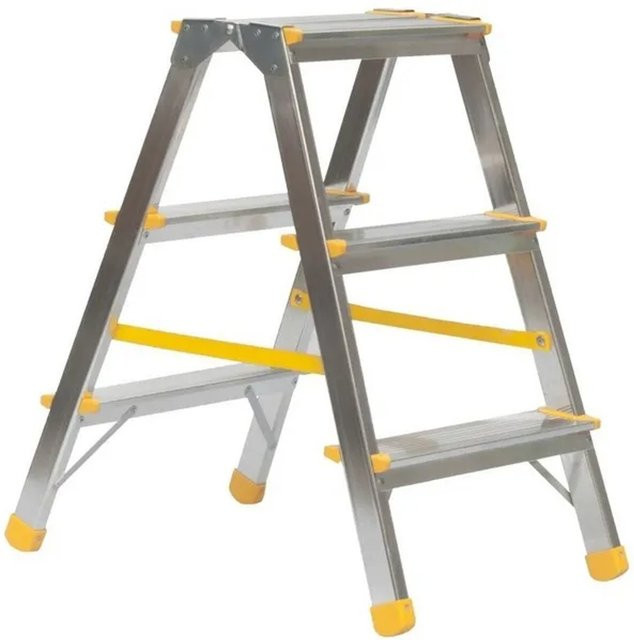 PROREGAL Metal Double Giraffe Doppelseitige Aluminium-Stufenstehleiter mit 3 Stufen, Höhe: 63 cm, Tragkraft 150 kg, Farbe: Silber/Gelb - Bild 1