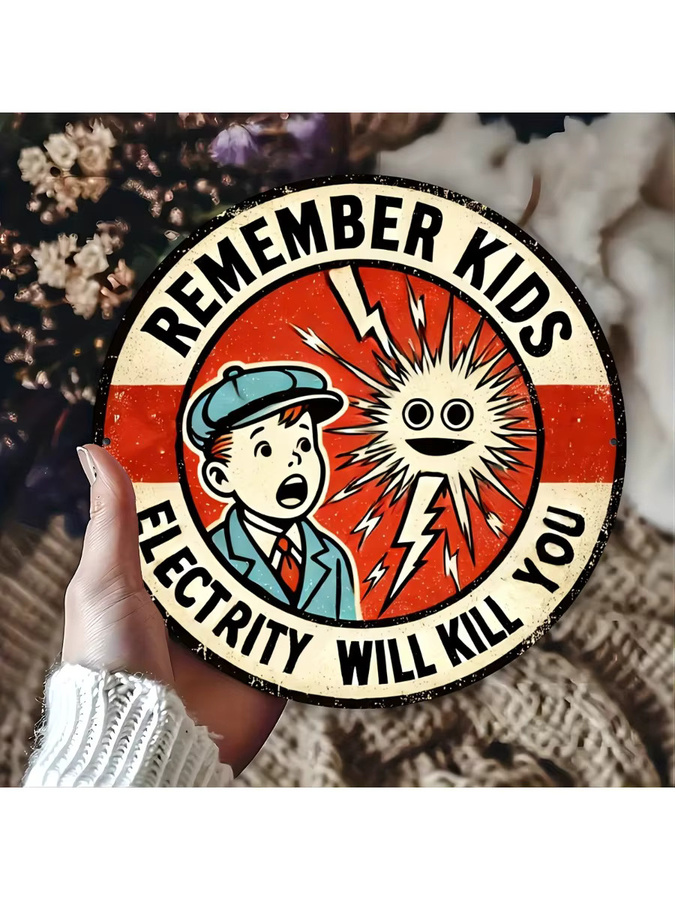 Vintage Aluminiumschild Potdemiel Remember Youngsters Electricity Will Kill You B/B/H: 20,3 x 20,3 x 0,1 cm - Bild 6