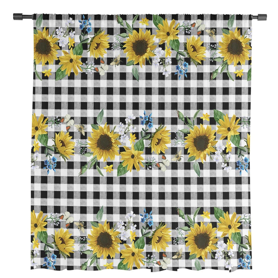 Transparente Chiffon-Vorhänge mit Sonnenblumen- und Karomuster aus Tüll für Wohnzimmer, Schlafzimmer und Küche, B: 135 cm, H: 114 cm - Bild 3