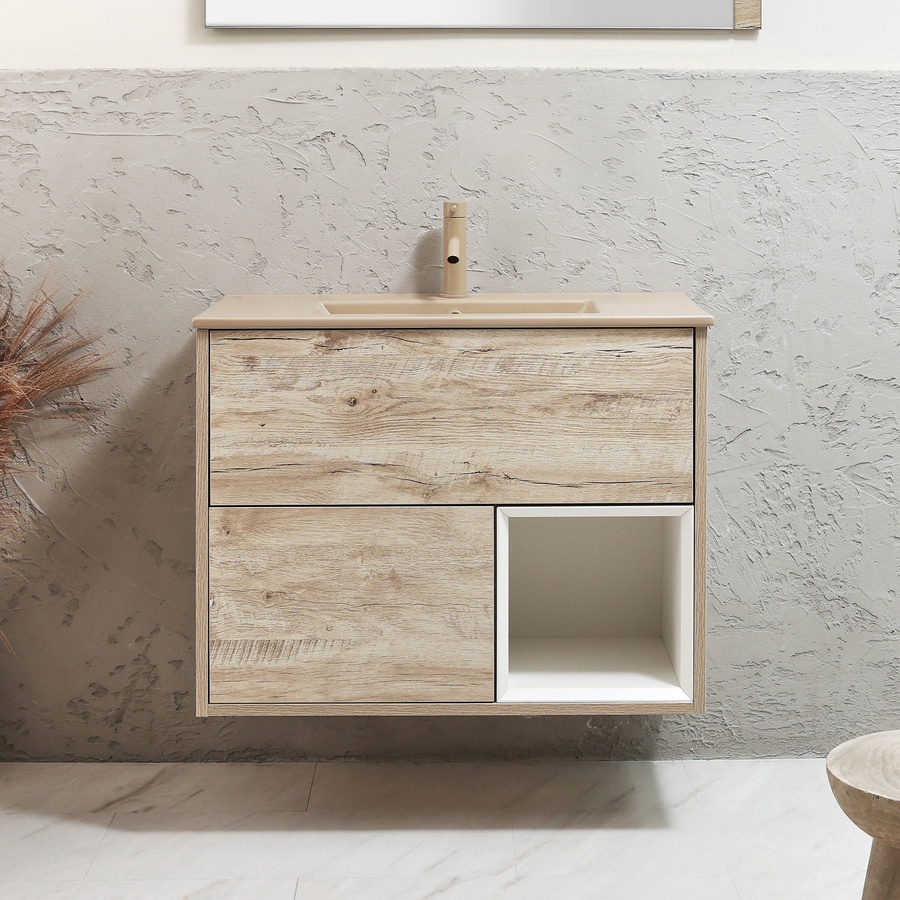 Hängender Waschtischunterschrank HudsonReed Hoxton in Helle Eiche mit Elements-Waschbecken in Beige Sand - Bild 1