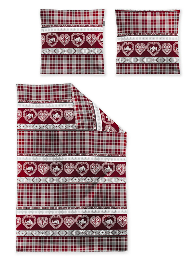 Irisette Wave Mako-Satin Bettwäsche Karo Herzen Landhaus rot weiß, Bettbezug 155 x 220 cm und Kopfkissenbezug 80 x 80 cm - Bild 1