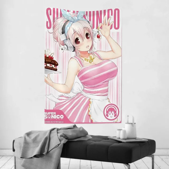 Anime Wandtapisserie Super Sonico Manga Illustration in Pink als Dekoration für dein Zimmer oder als Party-Hintergrund von Potdemiel - Bild 1