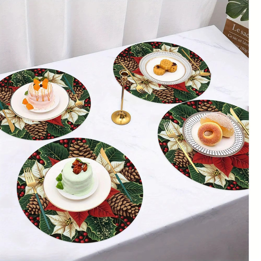 VIKAMA 4er Set Weihnachts Tischsets rund mit Tannenzapfen und Beeren Design, mehrfarbig, wasserdicht und wärmeisolierend - Bild 2
