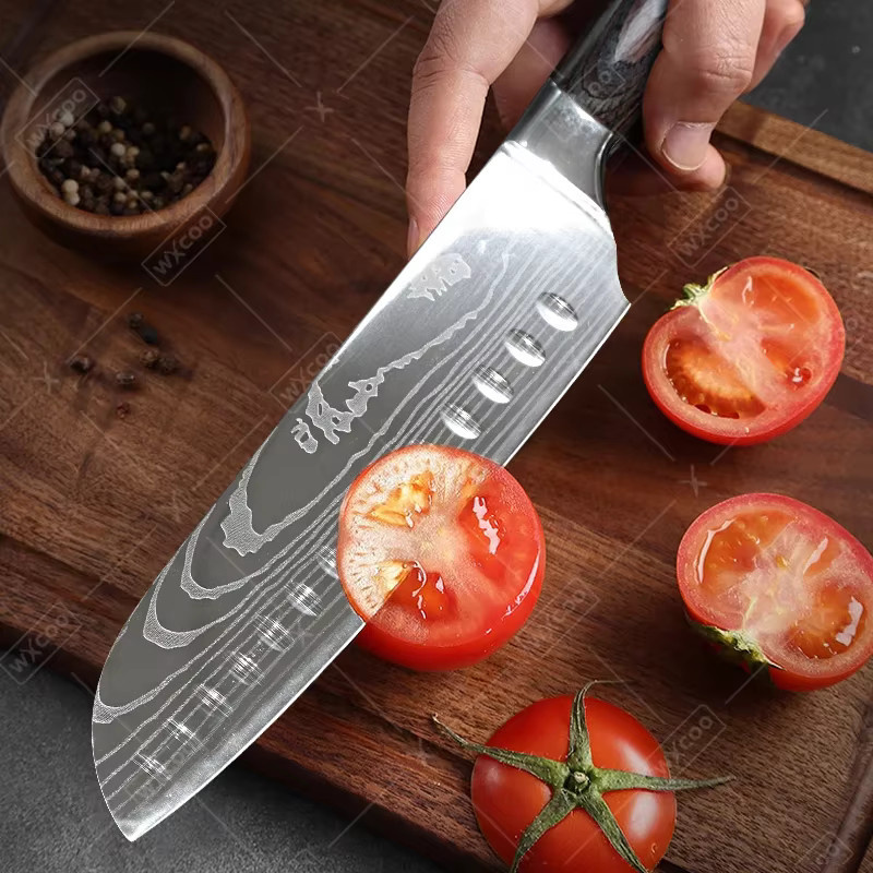 WXCOO Japanisches Küchenmesser Messerset aus Kohlenstoffstahl in Silber mit Scheide, bestehend aus Santoku, Metzger-, Schnitz- und Ausbeinmesser - Bild 1
