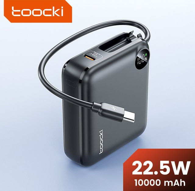 Toocki Tragbare Powerbank mit integriertem USB-C-Kabel, 10000 mAh, PD 22,5 W Schnellladegerät, Schwarz - Bild 1