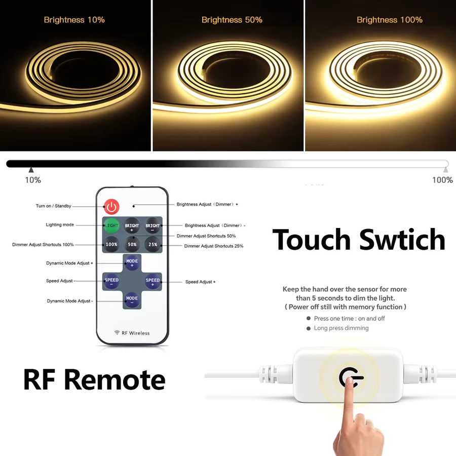 Lcamaw COB Neon-LED-Lichtstreifen 24V in Warmweiß, 2,4 m dimmbar mit Touch-Dimmer, RF-Fernbedienung und Handsensor für Küchenschrank und Schlafzimmer - Bild 3