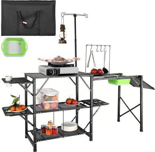 VEVOR Campingküche Outdoor aus Aluminium und Eisen, zusammenklappbare Reiseküche mit Spüle und Regalen, Schwarz, B/T/H: 174 x 50 x 160 cm - Bild 1