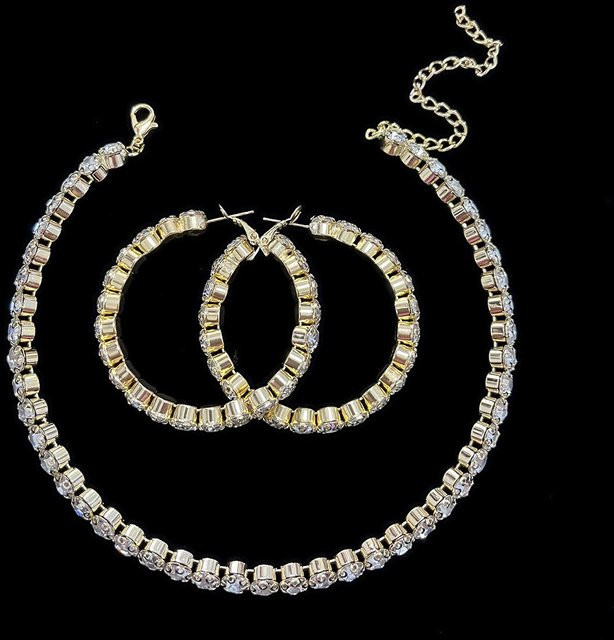 Schmuck-Set Halskette, Ohrringe, Armband, Messing, Silber, Zirkonia, Kristall, Damen - Bild 1