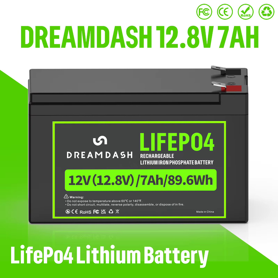 Dreamdash 12V 7Ah LiFePO4 Akku 89,6Wh Wiederaufladbare Lithium-Eisenphosphat-Batterie mit integriertem BMS und F2 Anschluss in Schwarz - Bild 2