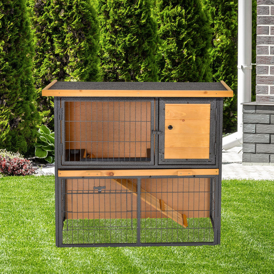 PawHut Kleintierstall aus Holz und Metall in Hellgelb mit verschließbarer Tür und erhöhtem Boden für Kaninchen und Meerschweinchen, B/T/H: 89,5 x 45 x 81 cm - Bild 2