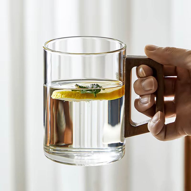 YWDL Glas Tassen Set mit Walnuss Griff, 6er Set, transparent, 300 ml pro Tasse - Bild 4