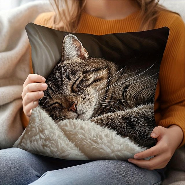 VIKAMA Kissenbezug mit Schlafender getigerte Katze Aufdruck, Waschbarer Dekokissenbezug aus Polyester, Braun, B/B: 40 x 40 cm - Bild 1