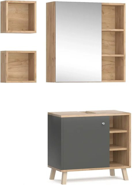 Vicco Badmöbel-Set Senyo in Anthrazit und Gold im skandinavischen Stil, bestehend aus 3 Teilen inklusive Spiegelschrank - Bild 1