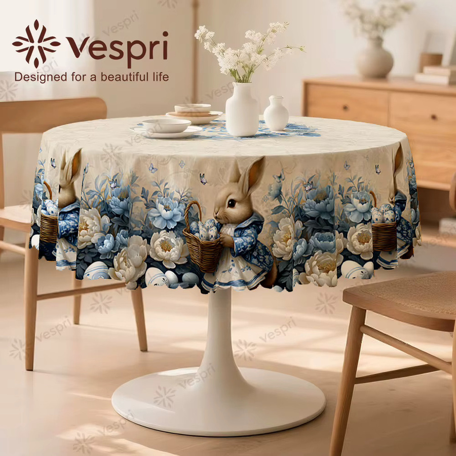 Vespri Oster-Tischdecke mit Hasen-, Blumen- und Schmetterlingsmotiven in Weiß und Blau, Rund, Durchmesser: 152,4 cm - Bild 2