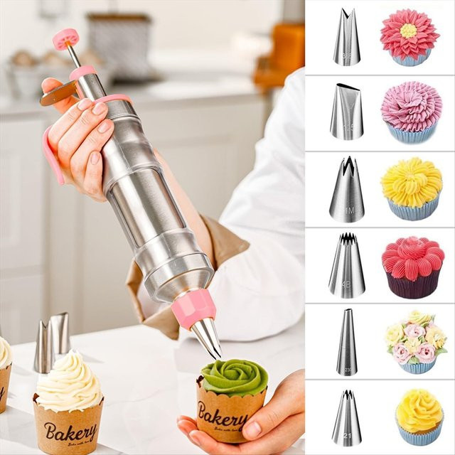BHBL Dessert-Set Kuchendekorationsset mit 10 Edelstahl-Spritztüllen und 50 Einweg-Spritzbeuteln in Rosa - Bild 1