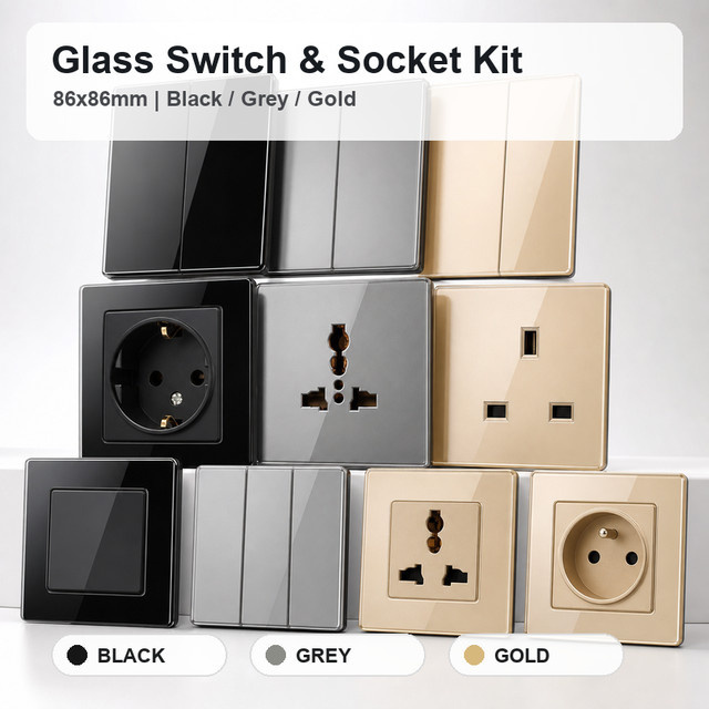 Kristallglas Wandschalter und Steckdose Set aus gehärtetem Glas mit USB, RJ45 und TV-Anschluss in Weiß oder Transparent, Maße 86 x 86 mm - Bild 1