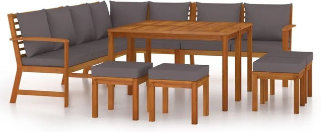 vidaXL 11-teilige Garten-Essgruppe aus Akazien-Massivholz mit Kissen in Dunkelgrau - Bild 1