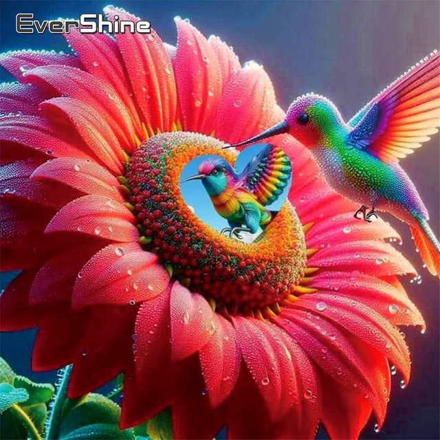 Evershine Diamantmalerei Vogel und Blumen als Mosaik-Stickerei-Set mit runden Steinen in Multicolour für die Tischdekoration - Bild 1