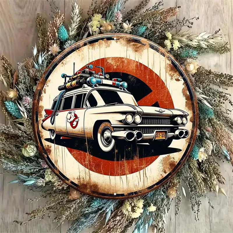 HELLOYOUNG Wanddekoration Ghostbusters Ecto-1 Auto Vintage Metallschild aus Aluminium, Runde Wandkunst Durchmesser: 20 cm - Bild 3