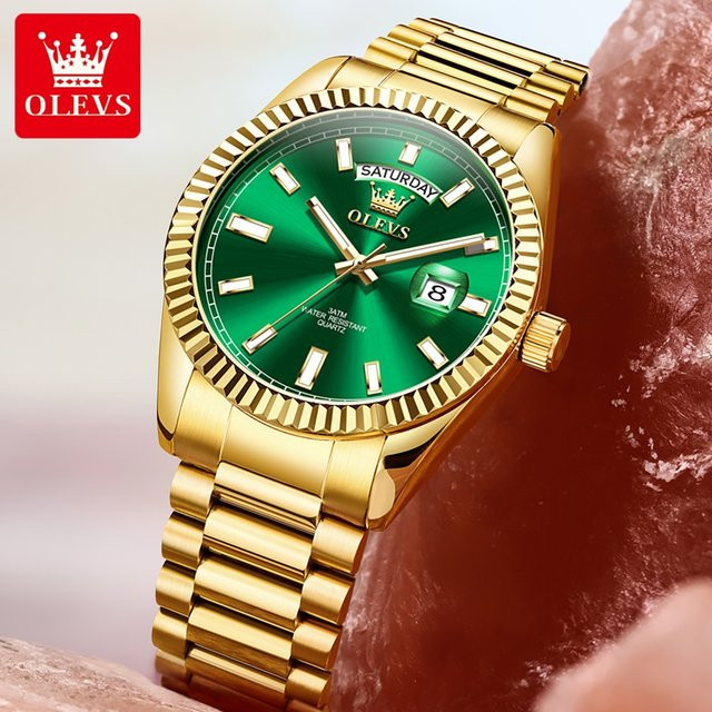 OLEVS Armbanduhr Quarz, Edelstahl, Gold, Grün, Herren - Bild 1