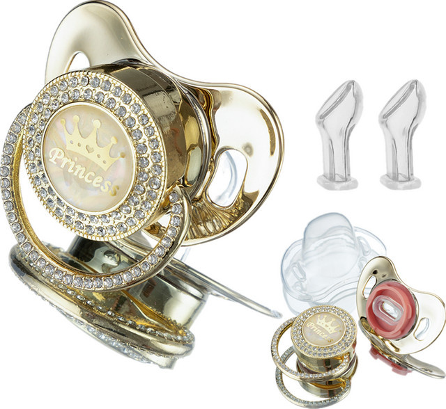 Miyocar Bling Griff Schnuller in Gold und Purple mit 3 Ersatzaufsätzen für Jungen und Mädchen inklusive orthodontischer Saugteile - Bild 1