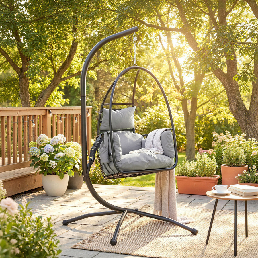 Outsunny Hängesessel im Ei-Design mit Gestell und Kissen, Dunkelgrau - Bild 2