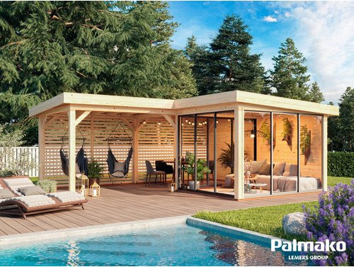 Palmako Pavillon Lenna Set 411 Slide aus Fichtenholz mit Alu-Schiebetüren und PZ-Schloss, Braun, B/T/H: 588 x 588 x 245 cm - Bild 3