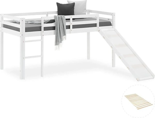 Homestyle4u Kinderbett mit Rutsche und Lattenrost aus Kiefernholz, Weiß, B/T/H: 207,5 x 96,5 x 110 cm - Bild 1