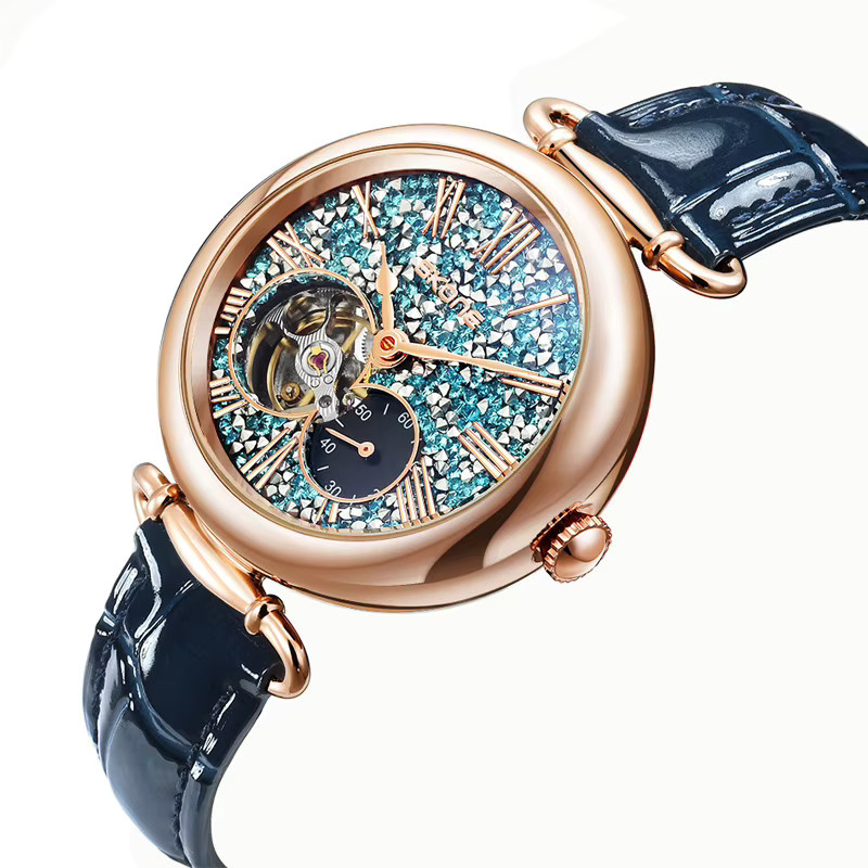 dulunwe Armbanduhr Automatik, Edelstahl, Roségold, Blau, Leder, Damen - Bild 2
