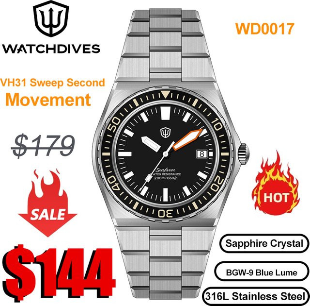 Watchdives Armbanduhr, Quarz, Edelstahl, Schwarz, Saphirglas, Herren - Bild 1