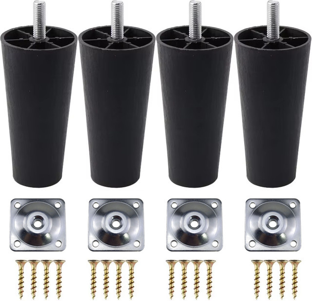 4 Stück konische Möbelbeine aus Kunststoff in Schwarz mit Montageplatten und M8 x 25 Gewindeschaft für Sofa und Stuhl - Bild 1