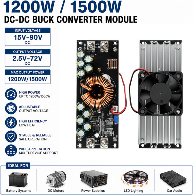 Gaqqee DC-DC-Abwärts-Stromversorgungsmodul mit 1200W/1500W, einstellbar von DC 15V–90V zu DC 2.5V–72V - Bild 1