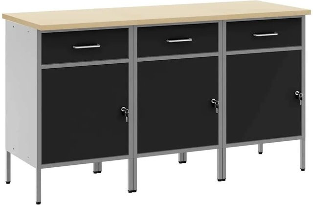 vidaXL Werkbank mit Schubladen und Pegboard, 3-teilig, Schwarz und Grau, B/T/H: 150 x 55 x 85 cm - Bild 1