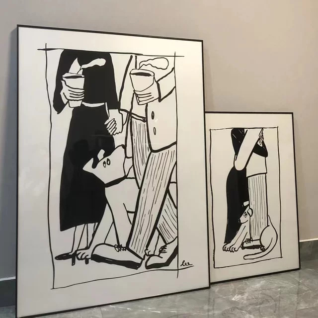 Potdemiel Moderne Koreanische Wandkunst Leinwandmalerei Mein Liebhaber Und Hund Schwarz Weiß Poster Bild für dein Wohnzimmer - Bild 1