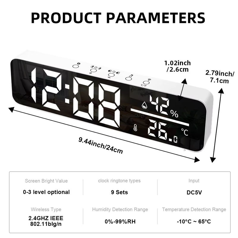Tuya WiFi LED Wecker mit Temperatur- und Feuchtigkeitssensor, USB Desktop Spiegeluhr in Weiß - Bild 6