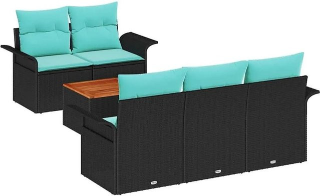 vidaXL Gartenmöbel-Set aus Poly-Rattan und Akazie in Schwarz-Türkis, 6-teiliges Lounge-Set mit Tisch, Armlehnstühlen und Mittel-Sitz mit Stauraumfunktion - Bild 1