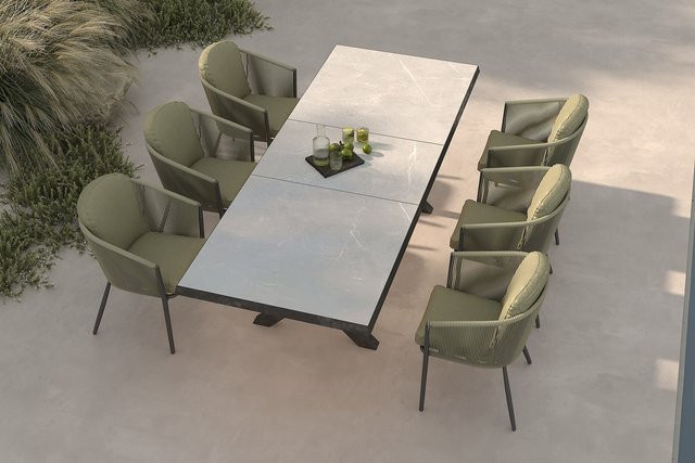 OUTFLEXX Tavio Garten-Essgruppe aus Aluminium, Steinimitat und Rope-Geflecht in Schwarz und Grün mit ausziehbarem Tisch und 6 Diningsesseln - Bild 1
