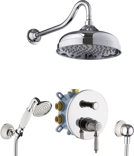 PaulGurkes Unterputz Dusche-Set Nostalgie Retro mit Regendusche und Handbrause in Chrom und Silber, Durchmesser: 25 cm - Bild 1