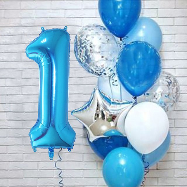 12er Set BALONAQ Happy Birthday Party-Dekoration mit blauen Zahlenfolienballons und Latexballons für Kinder und Babys, 81,28 cm - Bild 1