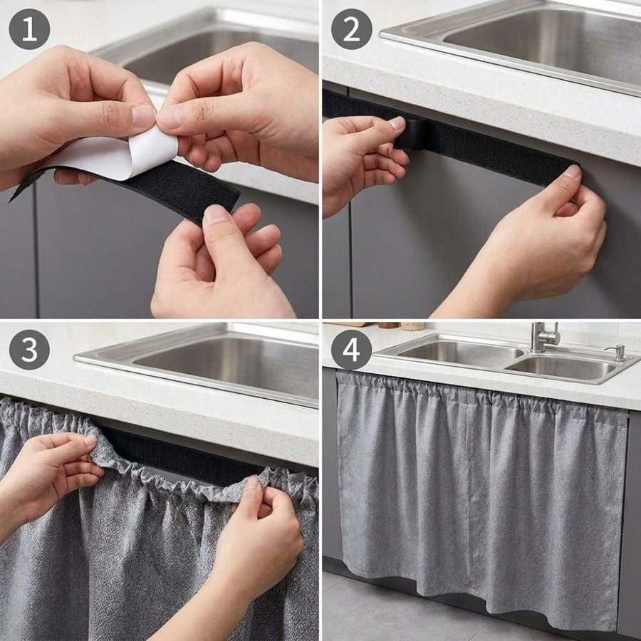 Yiluwhc Waschbarer Vorhang für Unterschränke als selbstklebende Abdeckung für Badezimmer und Waschküche, Schwarz, B: 140 cm, H: 83 cm - Bild 5