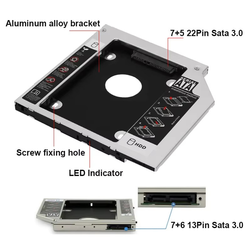 OULLX Optical Bay HDD Caddy SATA 3.0 2,5 Zoll Festplattengehäuse für Laptop in Silber (9,5 mm, 12,7 mm und 9 mm) - Bild 4