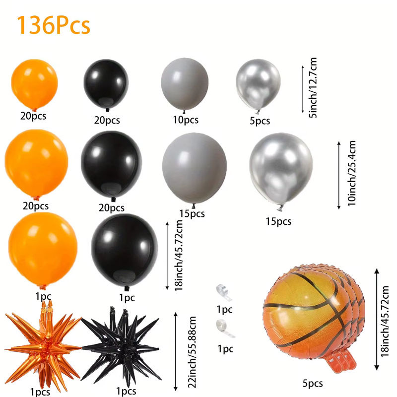 136 Stück Basketball Ballon Girlande Set in Orange und Mehrfarbig für deine Geburtstagsparty und Sport-Dekorationen mit Folienballons und Sternen aus Kunststoff - Bild 2