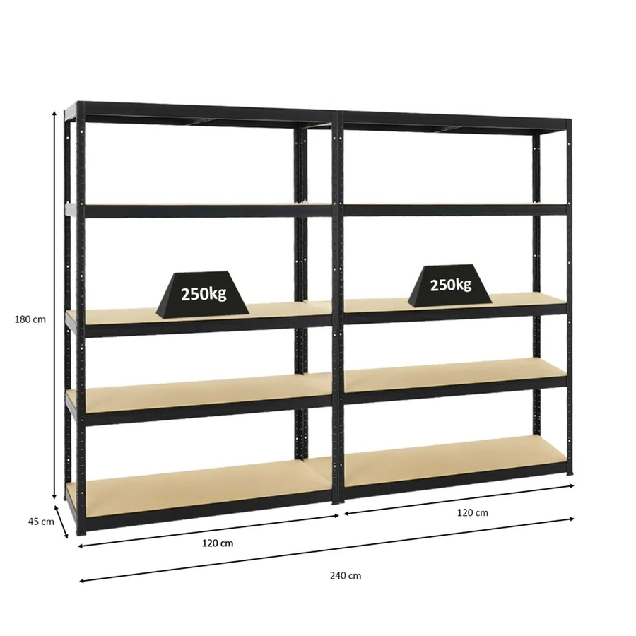 PROREGAL Big Elephant Schwerlastregal Set aus 2 Stück, Schwarz, H x B x T: 180 x 120 x 45 cm, mit verstellbaren Fachböden aus MDF und Metall - Bild 2
