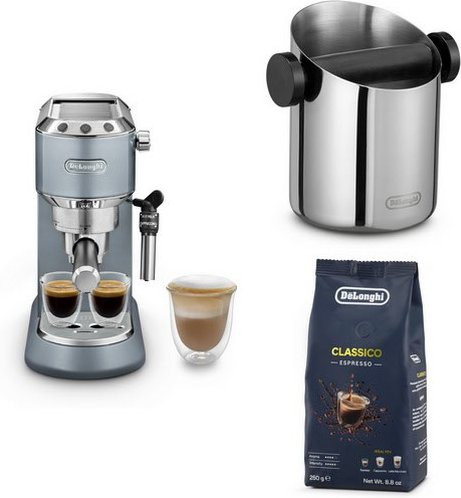 De'Longhi Dedica Metallics Siebträgermaschine Bundle in Silber inklusive Knock Box und 250g Classico Kaffee - Bild 1