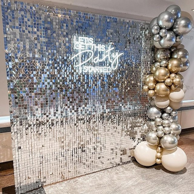 12er Set MicroPlush Wandhintergrund mit silbernen quadratischen Pailletten für Geburtstag, Hochzeit und Party - Bild 1